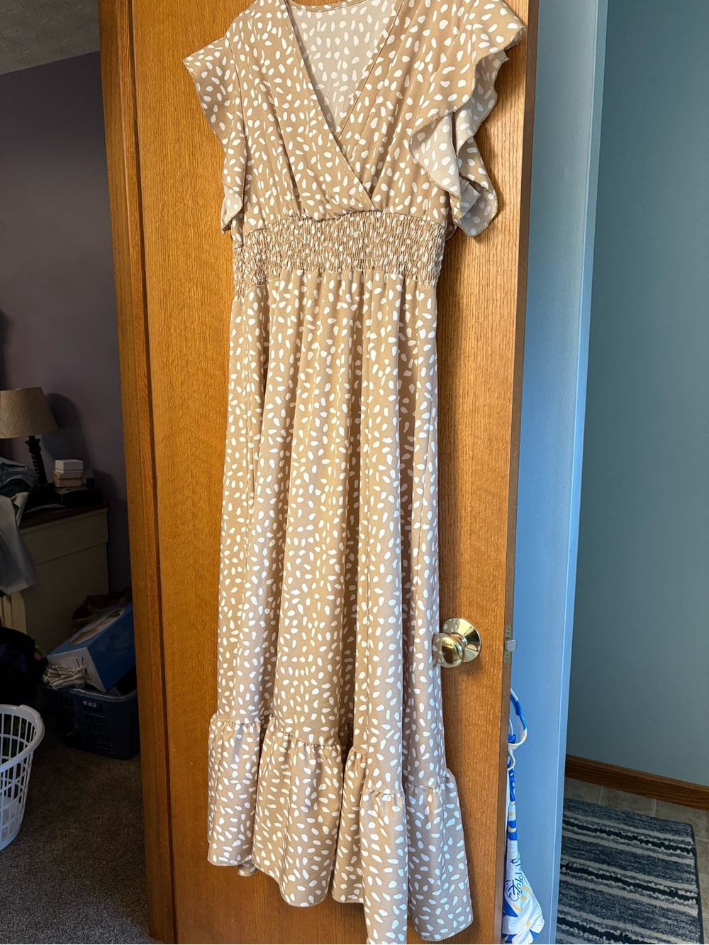 Beige White Printed Maxi Dress with Ruffle Sleeves